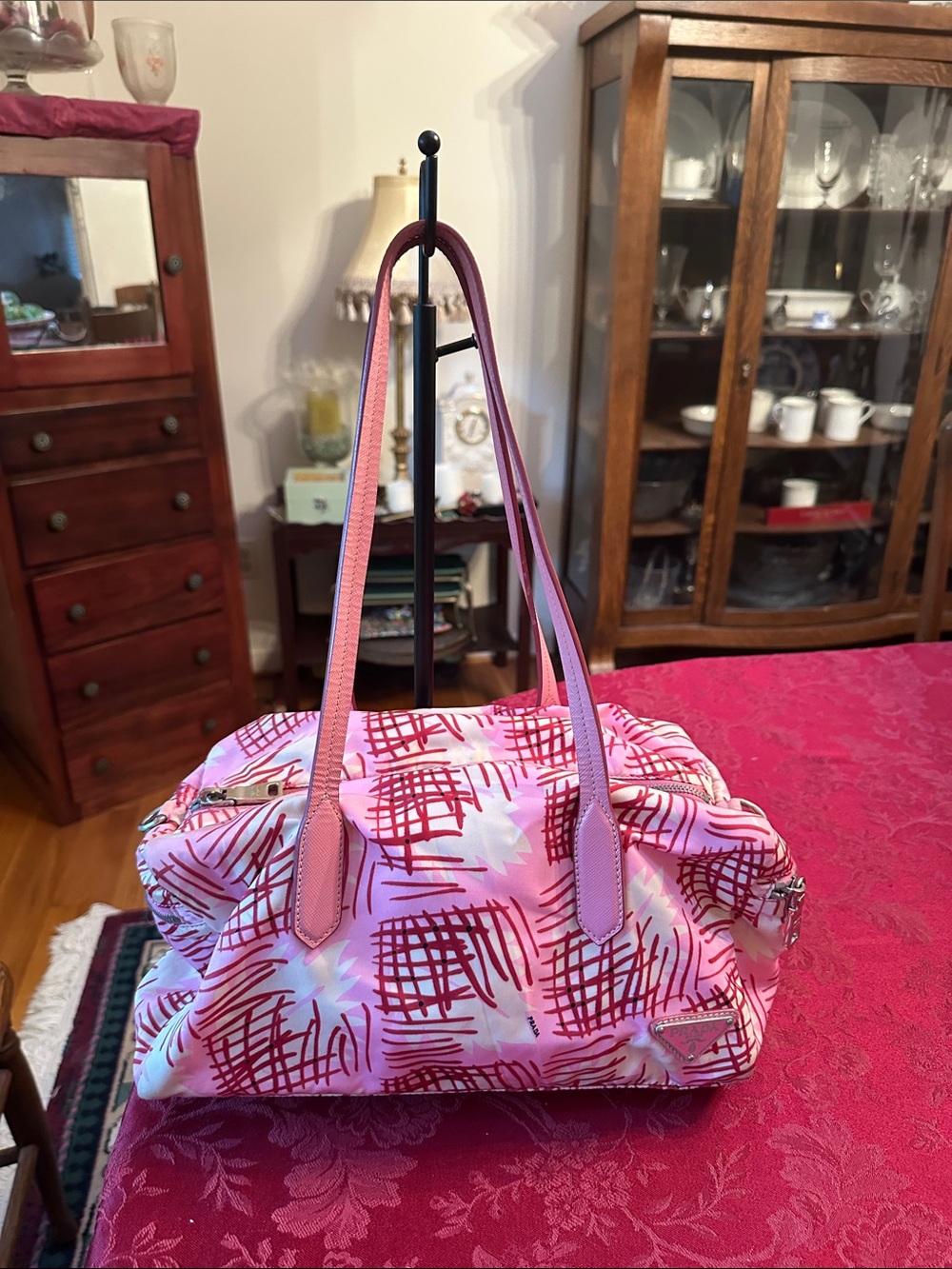 Prada Pink, Red & Cream Nylon & Leather Shoulder Bag